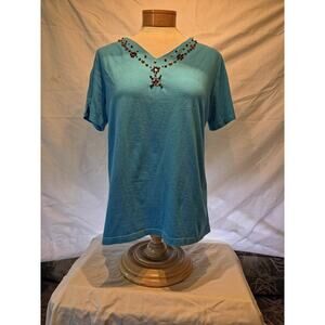 Denim & Co Med Shirt Aqua W/beads